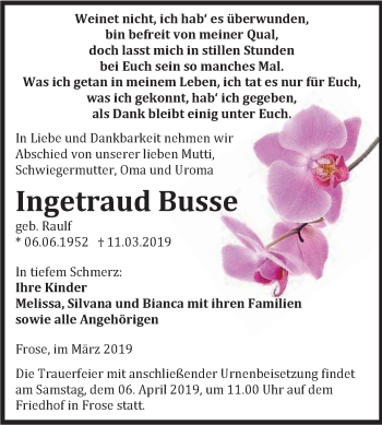 Traueranzeige von Ingetraud Busse von Super Sonntag Aschersleben