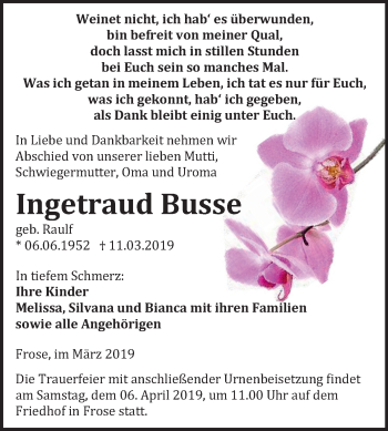 Traueranzeige von Ingetraud Busse von Mitteldeutsche Zeitung Aschersleben
