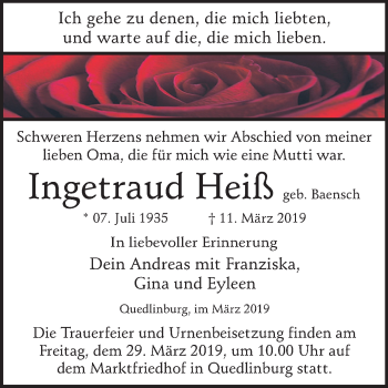 Traueranzeige von Ingetraud Heiß von Mitteldeutsche Zeitung Quedlinburg
