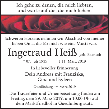 Traueranzeige von Ingetrauud Heiß von WVG - Wochenspiegel Quedlinburg