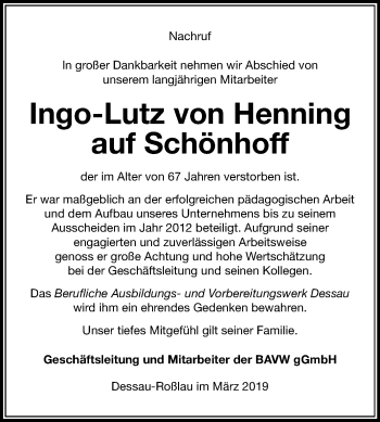 Traueranzeige von Ingo-Lutz von Henning auf Schönhoff von Mitteldeutsche Zeitung