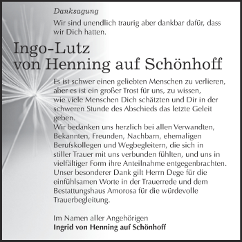 Traueranzeige von Ingo-Lutz von Henning auf Schönhoff von WVG - Wochenspiegel Dessau / Köthen