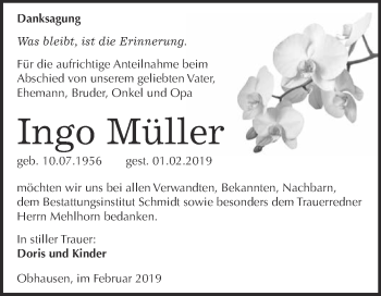 Traueranzeige von Ingo Müller von WVG - Wochenspiegel Merseburg