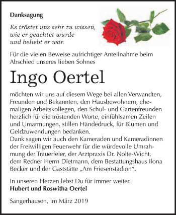 Traueranzeige von Ingo Oertel von Super Sonntag SGH Mansf. Land