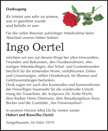 Traueranzeige von Ingo Oertel von Mitteldeutsche Zeitung Sangerhausen