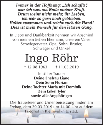 Traueranzeige von Ingo Röhr von WVG - Wochenspiegel Dessau / Köthen