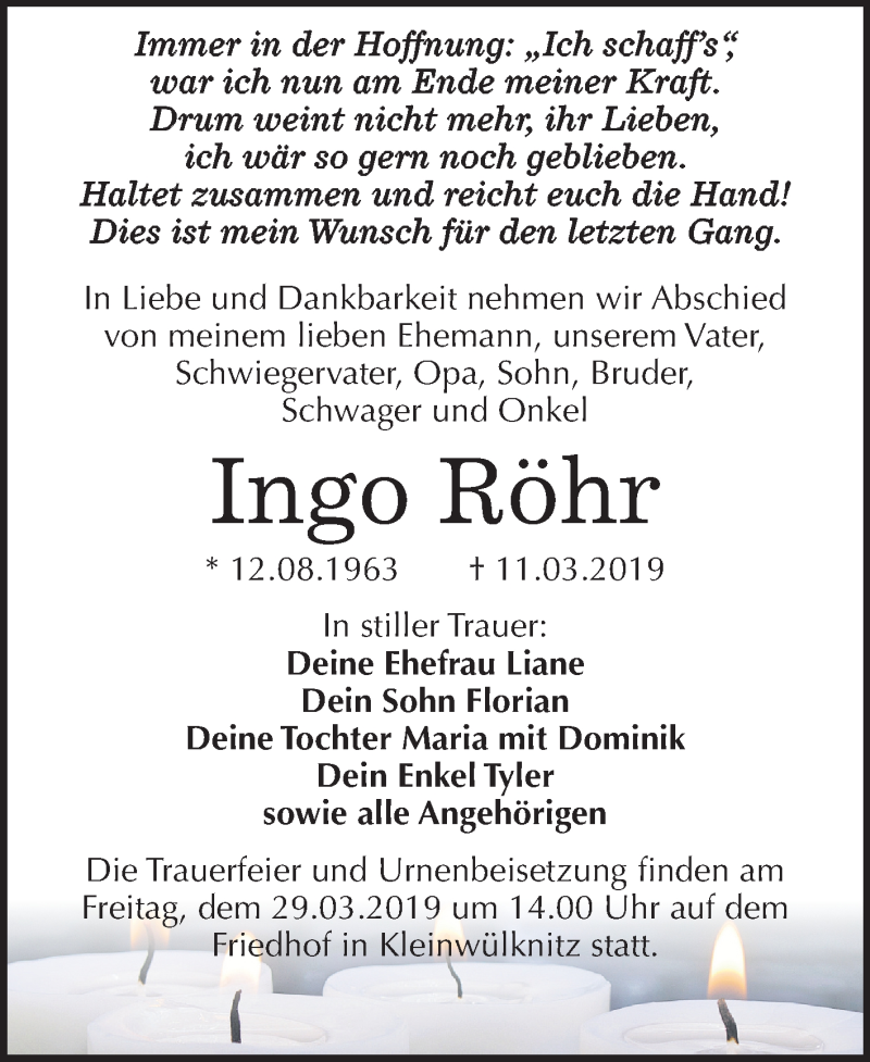  Traueranzeige für Ingo Röhr vom 16.03.2019 aus Mitteldeutsche Zeitung