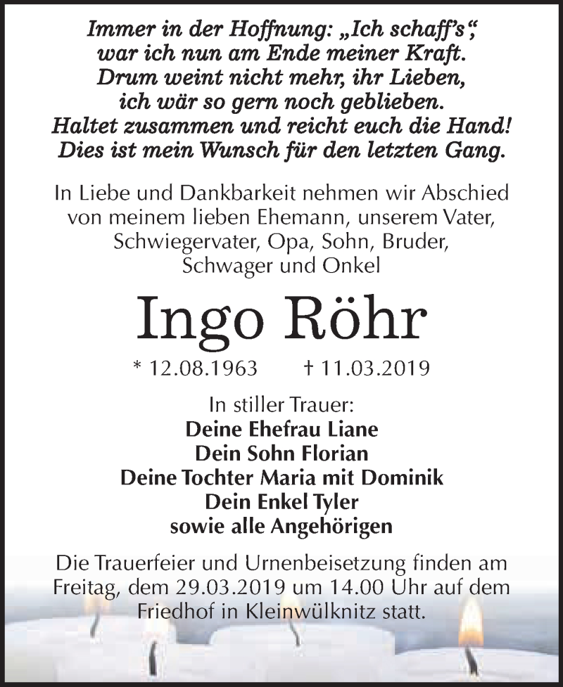  Traueranzeige für Ingo Röhr vom 16.03.2019 aus WVG - Wochenspiegel Dessau / Köthen