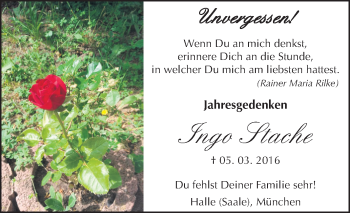 Traueranzeige von Ingo Stache von Mitteldeutsche Zeitung Halle/Saalkreis