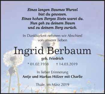 Traueranzeige von Ingrid Berbaum von WVG - Wochenspiegel Quedlinburg