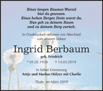 Traueranzeige von Ingrid Berbaum von Mitteldeutsche Zeitung