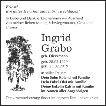 Traueranzeige von Ingrid Grabo von WVG - Wochenspiegel Wittenberg