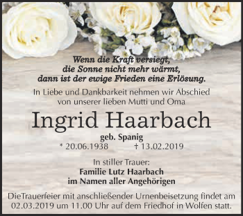 Traueranzeige von Ingrid Haarbach von WVG - Wochenspiegel Bitterfeld