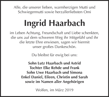 Traueranzeige von Ingrid Haarbach von WVG - Wochenspiegel Bitterfeld