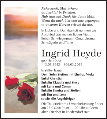 Traueranzeige von Ingrid Heyde von Mitteldeutsche Zeitung Bitterfeld