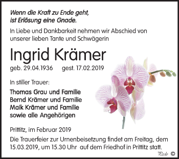 Traueranzeige von Ingrid Krämer von Mitteldeutsche Zeitung Zeitz
