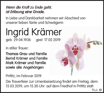 Traueranzeige von Ingrid Krämer von WVG - Wochenspiegel NMB / WSF / ZTZ