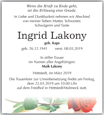 Traueranzeige von Ingrid Lakony von Mitteldeutsche Zeitung