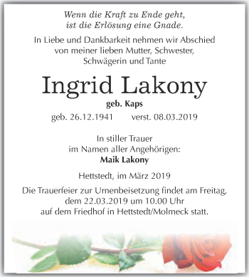 Traueranzeige von Ingrid Lakony von Wochenspiegel Mansfelder Land