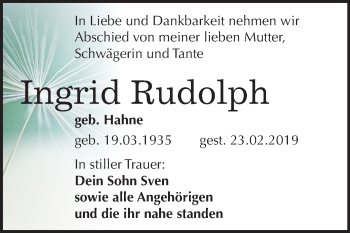 Traueranzeige von Ingrid Rudolph von Mitteldeutsche Zeitung Sangerhausen