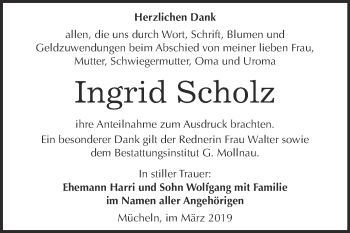 Traueranzeige von Ingrid Scholz von WVG - Wochenspiegel Merseburg