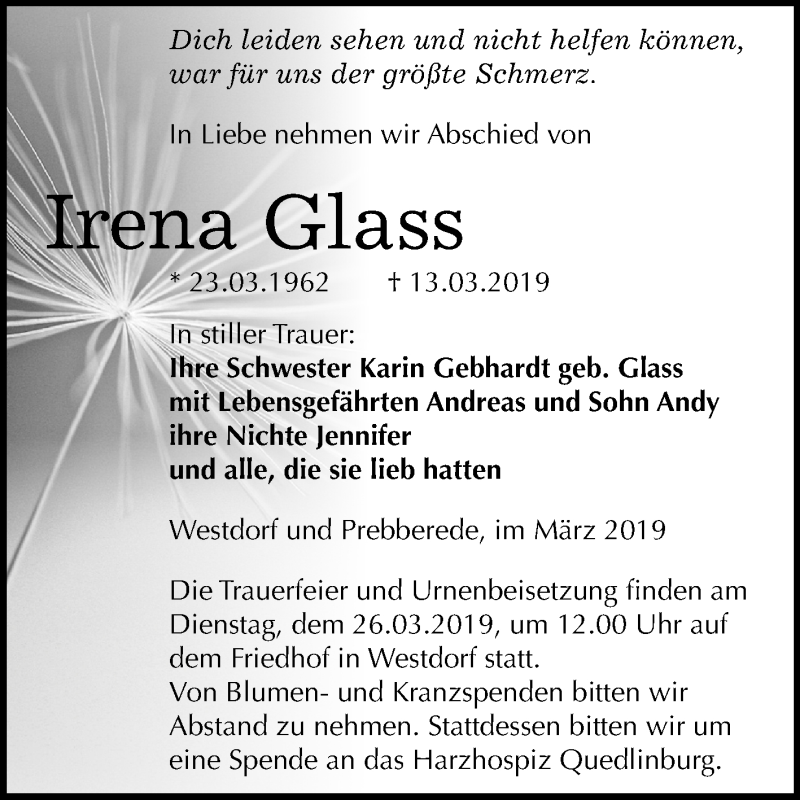  Traueranzeige für Irena Glass vom 16.03.2019 aus Mitteldeutsche Zeitung Aschersleben