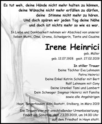 Traueranzeige von Irene Heinrici von WVG - Wochenspiegel SGH