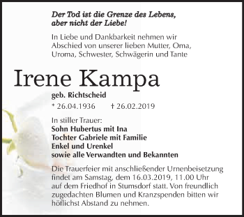 Traueranzeige von Irene Kampa von WVG - Wochenspiegel Bitterfeld