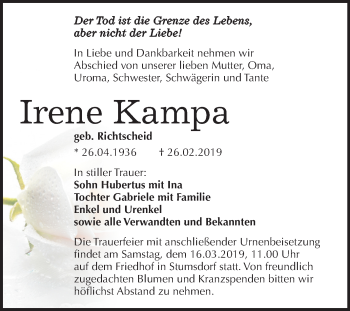 Traueranzeige von Irene Kampa von Mitteldeutsche Zeitung Bitterfeld
