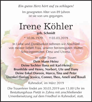 Traueranzeige von Irene Köhler von Super Sonntag Wittenberg
