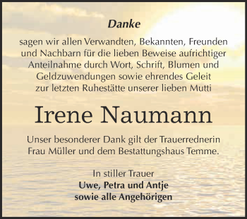 Traueranzeige von Irene Naumann von WVG - Wochenspiegel Bitterfeld