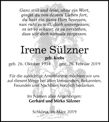 Traueranzeige von Irene Sülzner von Mitteldeutsche Zeitung