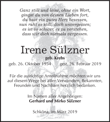 Traueranzeige von Irene Sülzner von WVG - Wochenspiegel Wittenberg