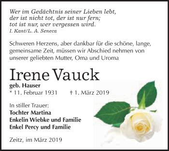 Traueranzeige von Irene Vauck von WVG - Wochenspiegel NMB / WSF / ZTZ
