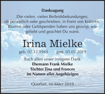 Traueranzeige von Irina Mielke von Mitteldeutsche Zeitung Merseburg/Querfurt