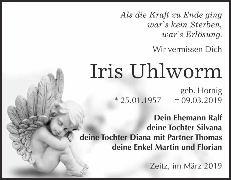  Traueranzeige für Iris Uhlworm vom 11.03.2019 aus WVG - Wochenspiegel NMB / WSF / ZTZ