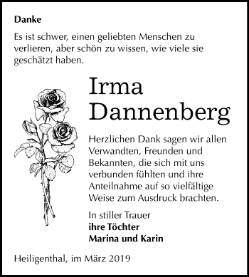 Traueranzeige von Irma Dannenberg von Super Sonntag SGH Mansf. Land