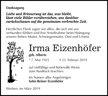 Traueranzeige von Irma Eizenhöfer von Mitteldeutsche Zeitung Bitterfeld