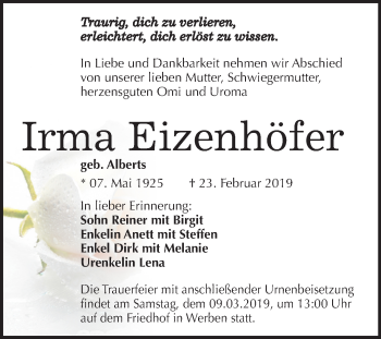 Traueranzeige von Irma Eizenhöfer von Mitteldeutsche Zeitung Bitterfeld