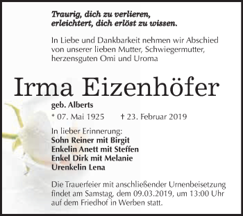 Traueranzeige von Irma Eizenhöfer von WVG - Wochenspiegel Bitterfeld
