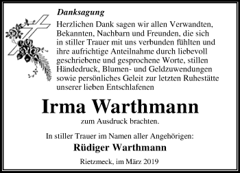 Traueranzeige von Irma Warthmann von WVG - Wochenspiegel Dessau / Köthen