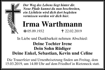 Traueranzeige von Irma Warthmann von WVG - Wochenspiegel Dessau / Köthen