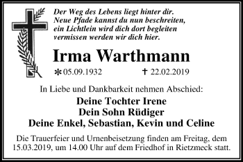 Traueranzeige von Irma Warthmann von Mitteldeutsche Zeitung