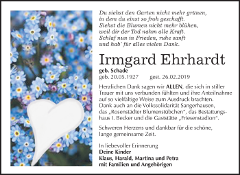 Traueranzeige von Irmgard Ehrhardt von Mitteldeutsche Zeitung Sangerhausen