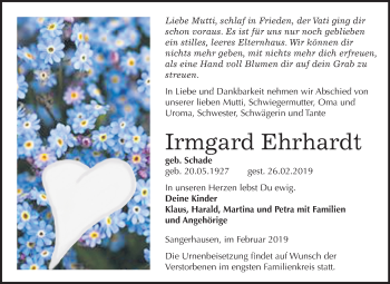 Traueranzeige von Irmgard Ehrhardt von Mitteldeutsche Zeitung Sangerhausen