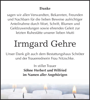 Traueranzeige von Irmgard Gehre von WVG - Wochenspiegel Bitterfeld