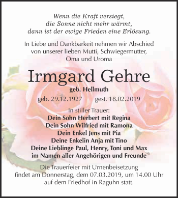 Traueranzeige von Irmgard Gehre von WVG - Wochenspiegel Bitterfeld