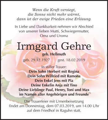 Traueranzeige von Irmgard Gehre von Mitteldeutsche Zeitung