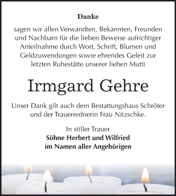 Traueranzeige von Irmgard Gehre von Mitteldeutsche Zeitung Bitterfeld