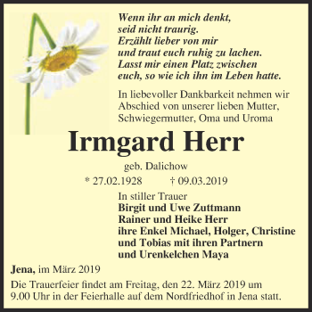 Traueranzeige von Irmgard Herr von WVG - Wochenspiegel NMB / WSF / ZTZ